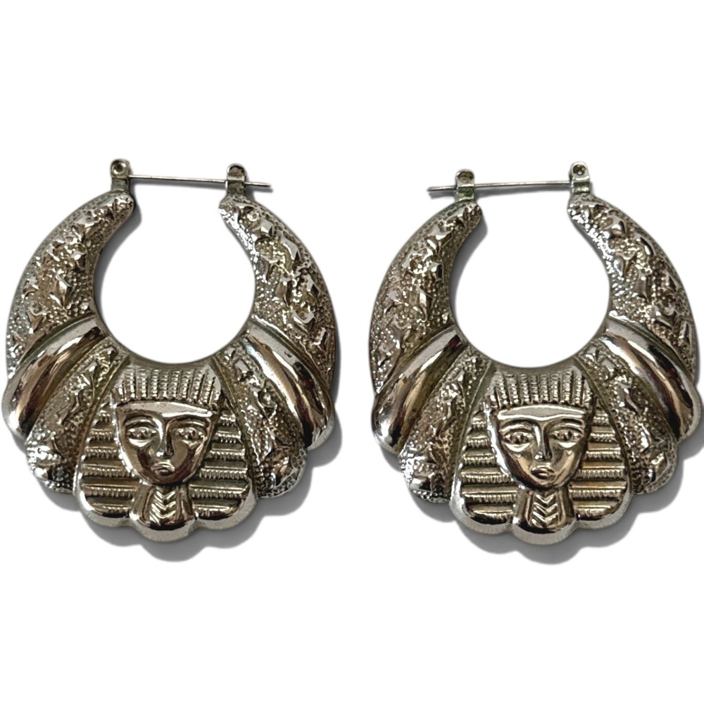 Vintage Silver Tone Egyptian Nefertiti Hoop Earrings Statement Crescent Jewelry